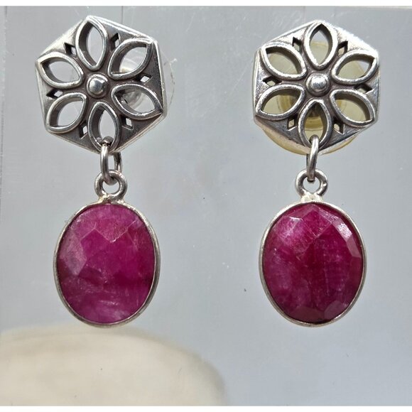 Hexagon Floral Sterling Silver Earrings With Pink Gemstone Dangles - Picture 2 of 2